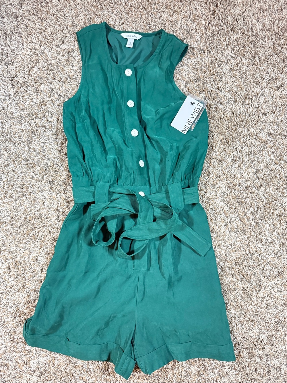 Nine West Green Sleeveless Belted Romper